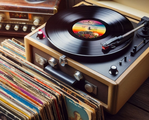 Image of a record player with records