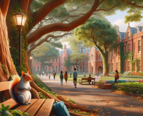 An AI generated image of a squirrel on a bench on a college campus