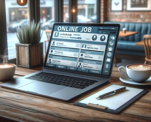 A computer-generated image of job listings on a laptop at a coffee shop